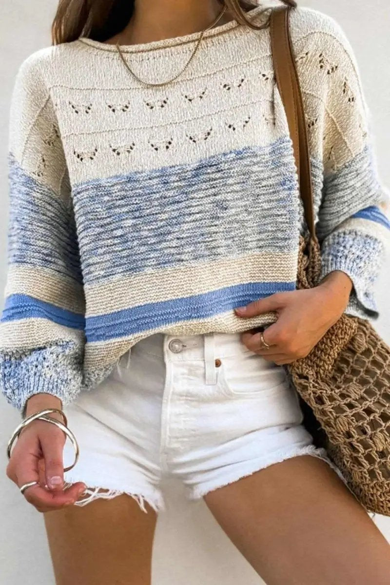 Contrast Round Neck Long Sleeve Sweater - Love Salve